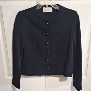 Vintage Kimberly Wool Black Fitted Button Up Cropped Blazer Round Neckline-S